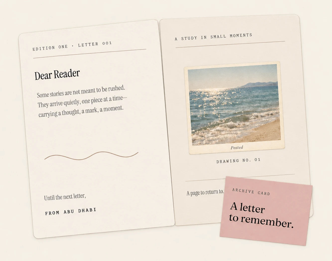 An open POSTED letter with original artwork and an archive card